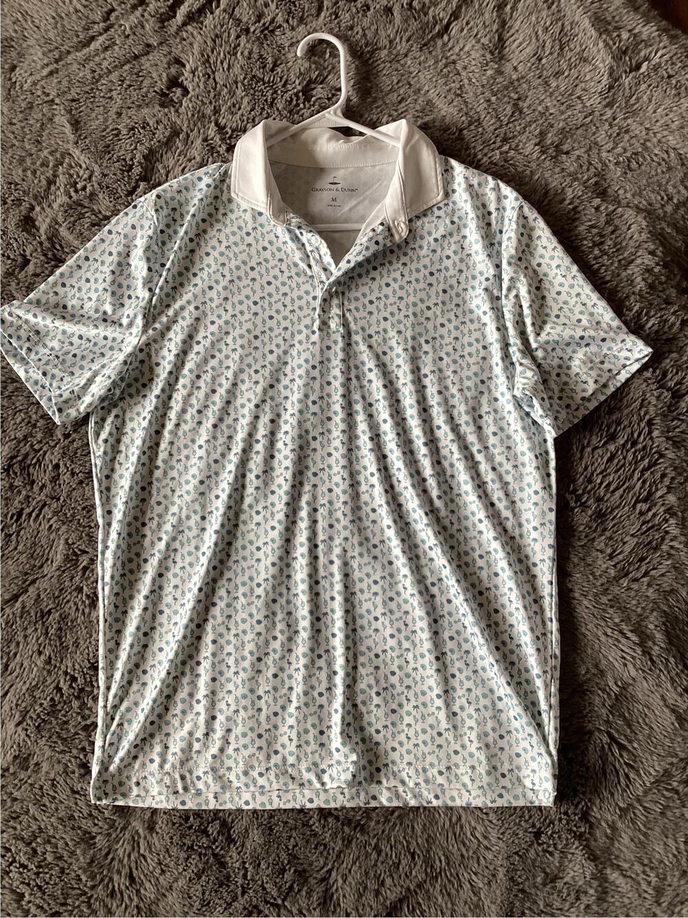 Grayson‎ & Dunn Golf Polo Performance Cocktails All Over Print White Blue Medium